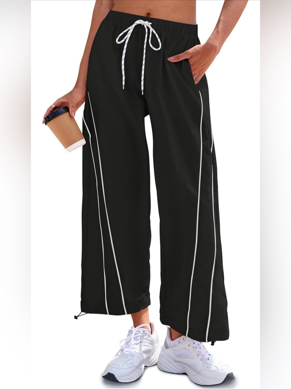 Women's Black Wide-Leg Cropped Track Pants with White Piping